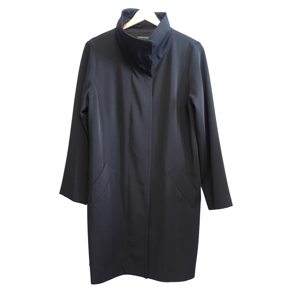 Eileen Fisher Trench Coat Womens S Black Funnel Neck Stretch Pockets‎ Minimalist